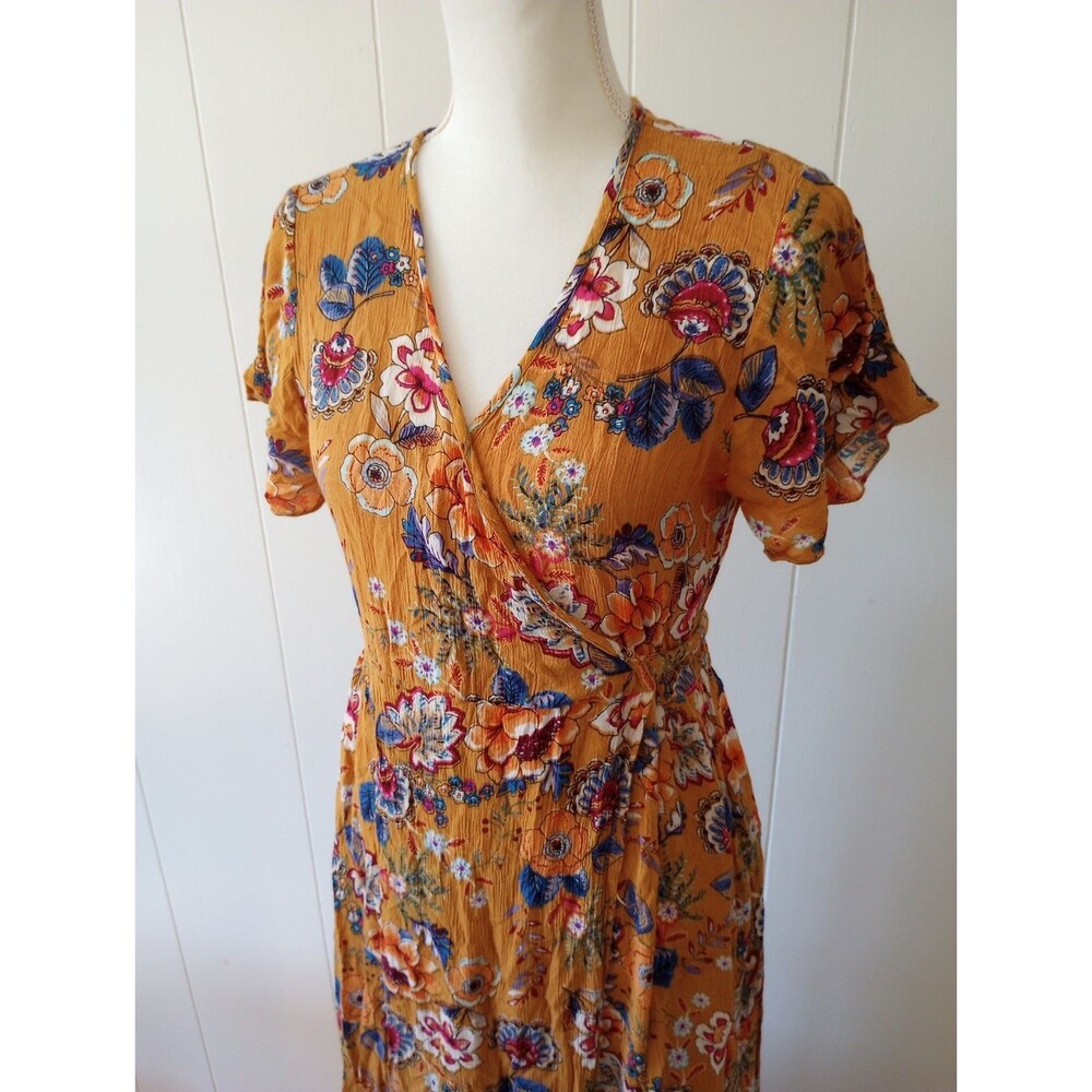 Patrons Of Peace Faux Wrap Maxi Dress Mustard Yellow Floral Gypsy Fairy Small